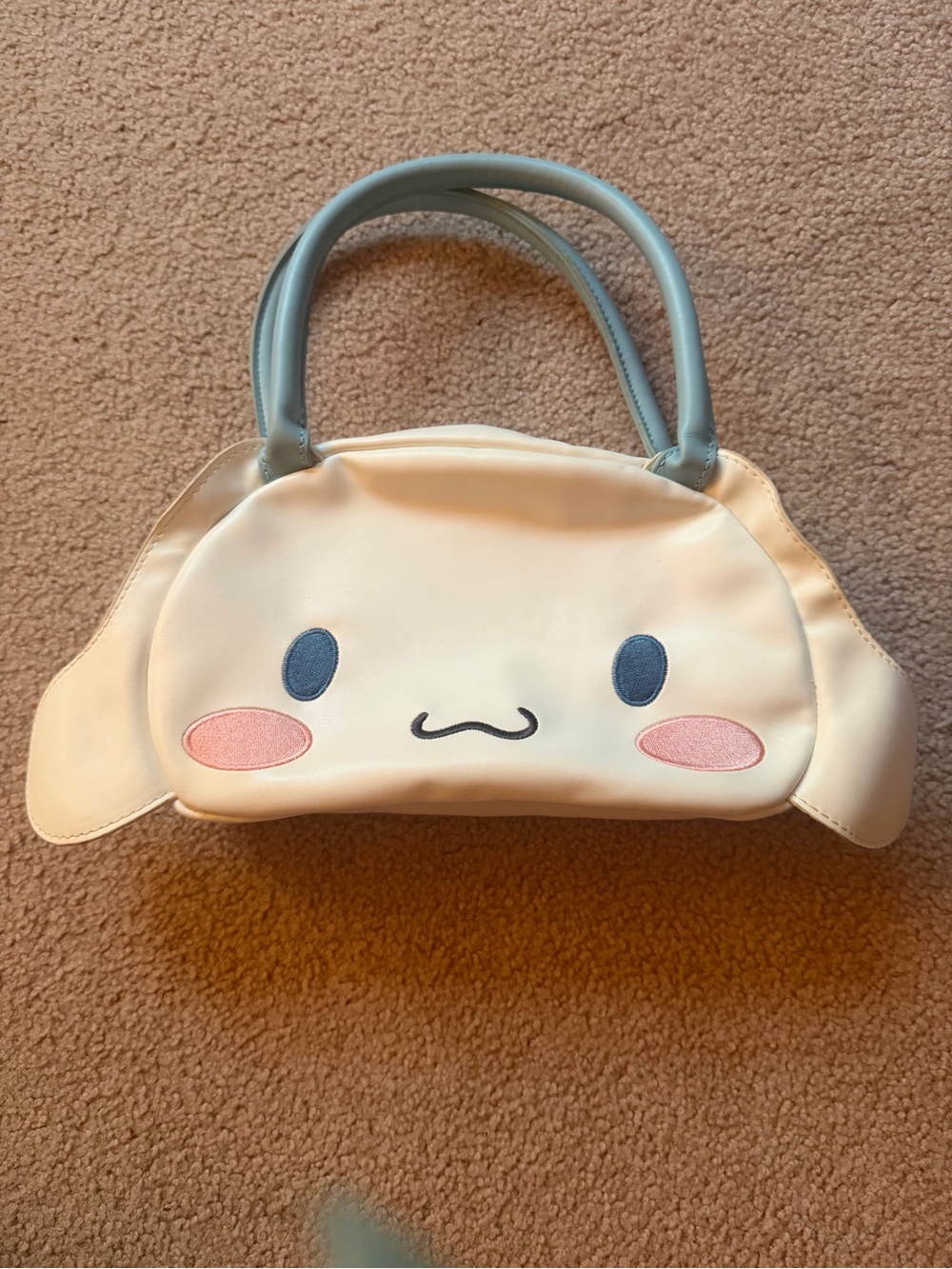 Sanrio Cinnamoroll face-shaped PU leather handbag with light blue handles- EuC